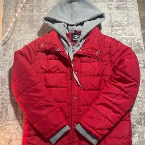 Red and Grey Winter Puffer Jacket with built in sweater hood